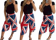 Womens Union Jack Print Summer Culottes 3/4 Length Ladies Wide Leg Trouser
