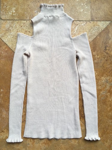 Rebecca Taylor 100% Wool Cold Shoulder Cut Out Turtle Neck Sweater, Cream, XS - Picture 2 of 6