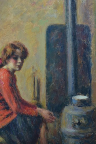 Tableau ancien Portrait Jeune femme dans l'atelier poêle Guerin Japon expo1907 - Photo 10/12