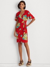 Lauren Ralph Lauren Women's Petite Floral Ruffle Trim Jersey Dress Size 14P Red 