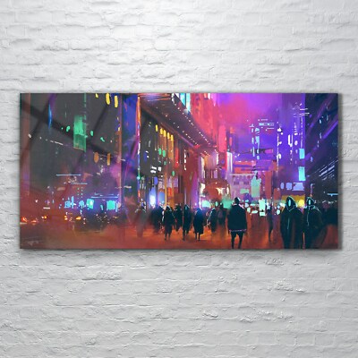 Wandbilder Glasbild Druck auf Glas 120x60 Leute die nachts in der Sci-Fi-Stadt
