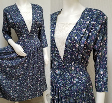 Vintage Maggie Lawrence Blue Floral Rayon Cottagecore Dress - Size S/M - EUC