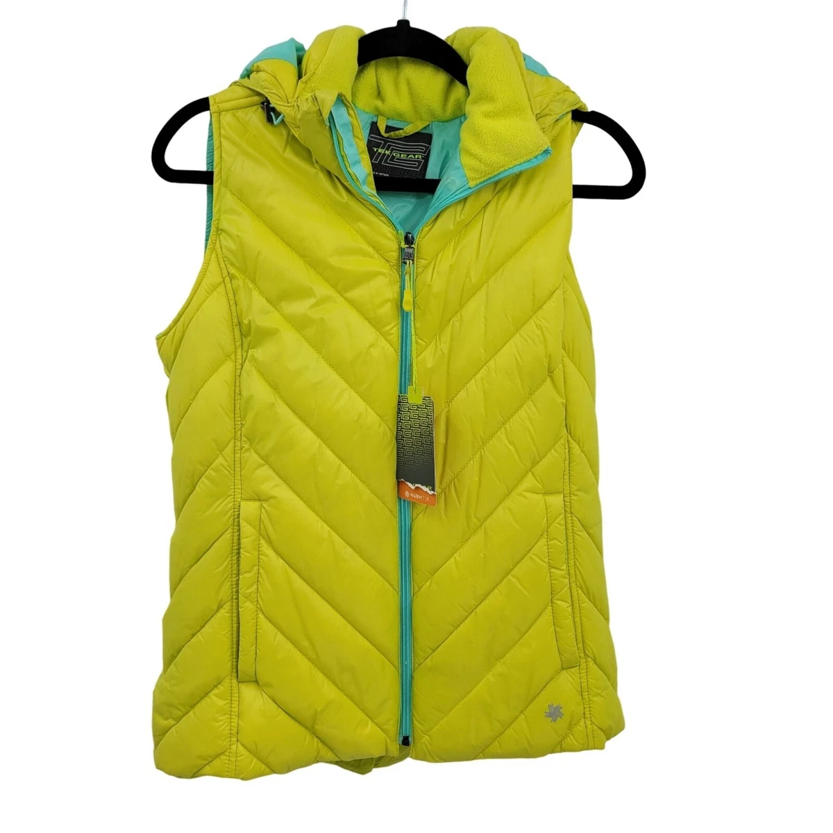 Tek Gear Puffer Vest M Chartreuse Quilted Contrasting Hood Zip