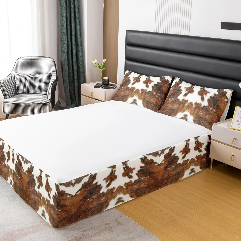 Falda de cama con estampado de vaca tamaño doble 15 pulgadas caída patrón de piel de animal cama de microfibra... Foto 2 de 4