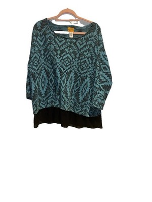 Ruby Rd. women's 2X black turquoise sheer hem, crocheted collar blouse, U27