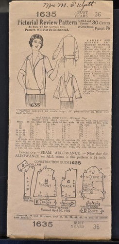 RARE Antq. Pictorial Review Pattern 1635, ca. 1910s, Jacquette Blouse, B36. - Picture 2 of 3
