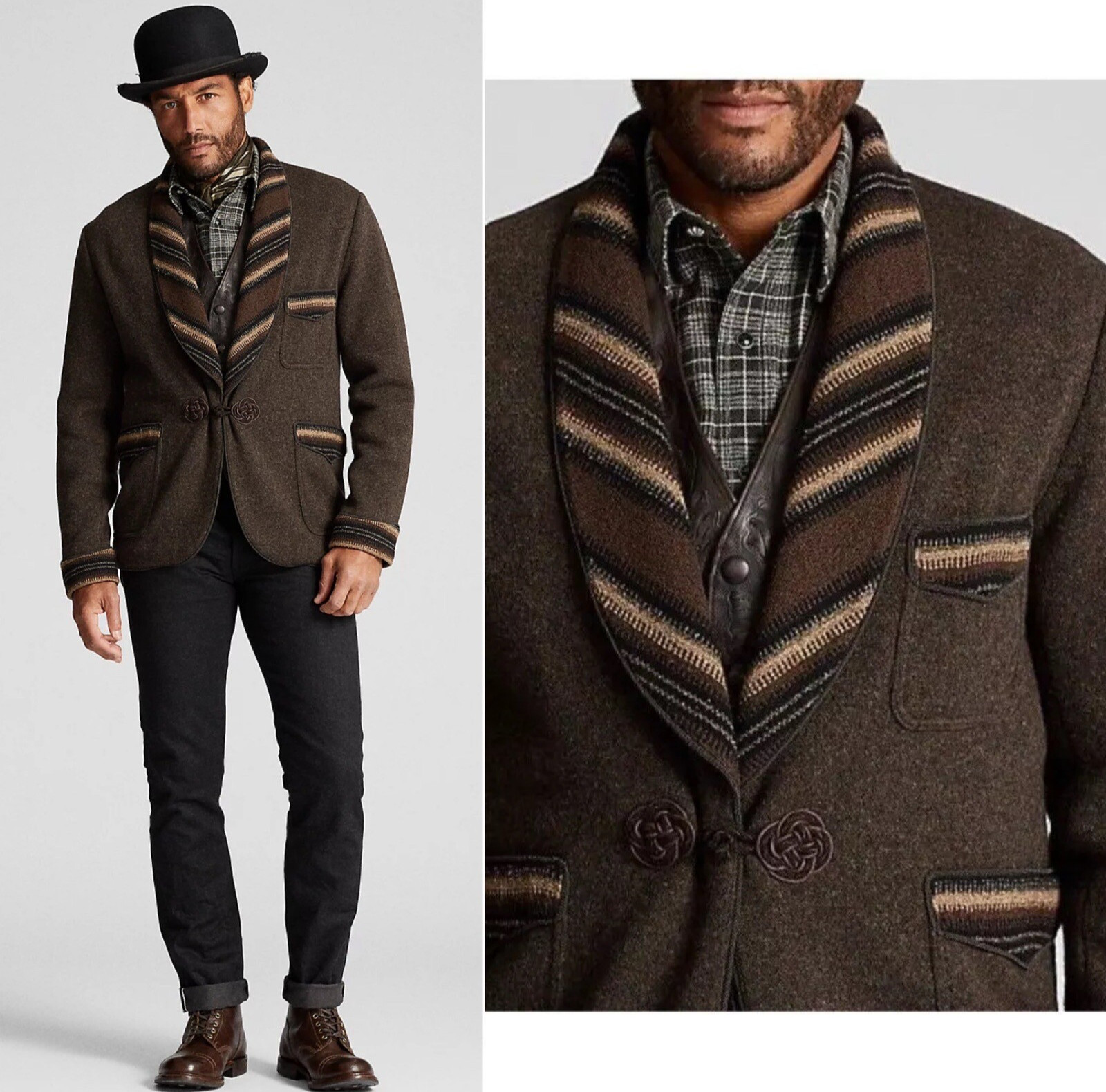 RRL Ralph Lauren Shawl Sweater Smoking Jacket Southwestern Sz M knit Brown wool image 5