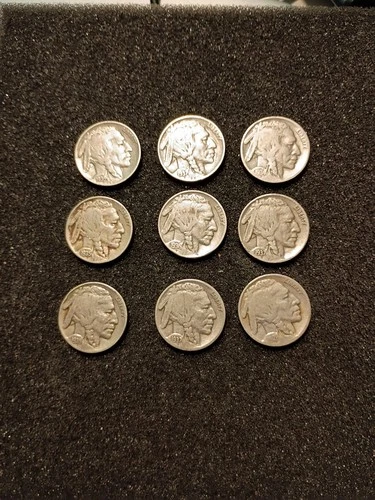 Indian Head Buffalo Nickels, Lot Of Nine 1926-37