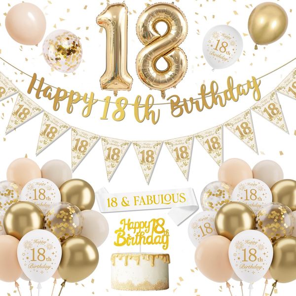 18. Geburtstag MäDchen - Deko Mit Weiß-Gold Luftballons, Happy Birthday Banner &-image