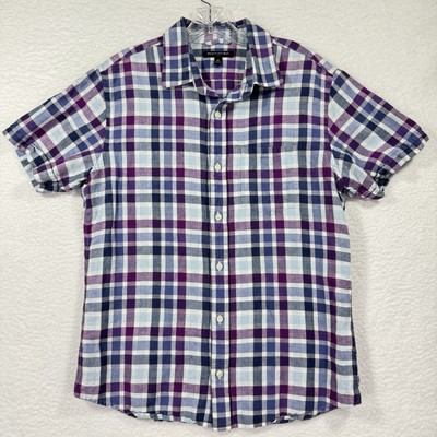 Banana Republic Shirt Mens M Purple Plaid Linen Blend Short Sleeve Button Up **