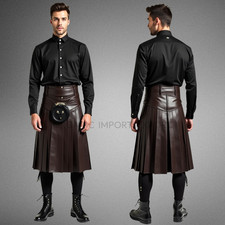 Men s Brown Leather Kilt Gothic Utility Pleated Skirt with Sporran Belt