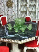 1:12 Miniature Dollhouse Uranium Punch Bowl 8 Cup Ladle Plate Set Resin