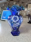Bill Fenton Signed 1998 Cobalt Blue 75th Anniversary Vase Hand Painted Green Top