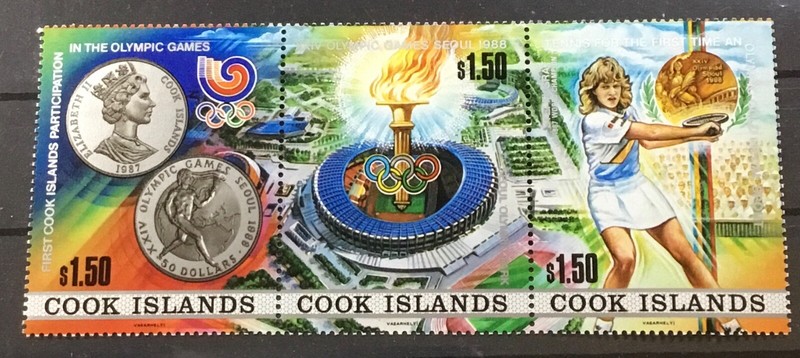 COOK ISLANDS #998. STRIP OF THREE - 1988 SUMMER OLYMPICS, SEOUL.   MNH