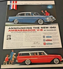 1961 AMC Rambler Ambassador V-8 - Vintage Original Color Print Ad / Wall Art