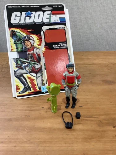 Vintage 1987 GI Joe 'Sneak Peek' (v1) plus accessories and file card.