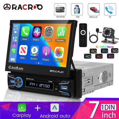 Single 1 DIN 7'' Car Radio Stereo Android/Apple Carplay Bluetooth Flip Out Screen