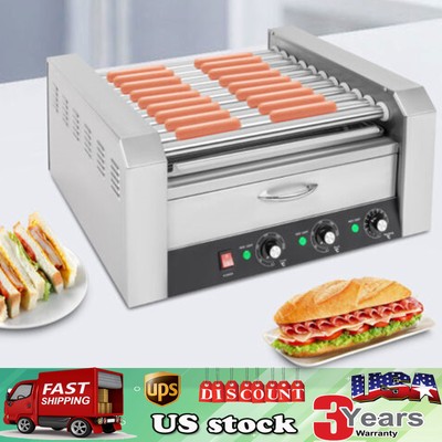 Electric 30 Hot Dog 11 Roller Grill Cooker Machine w/Bun Warmer 1560W Silver