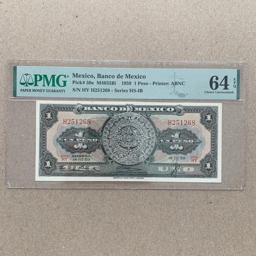 Aztec Calendar Mexico 1 Peso Banknote 1959 PMG 64 EPQ Mexican Certified P59e - 第 1/5 張圖片