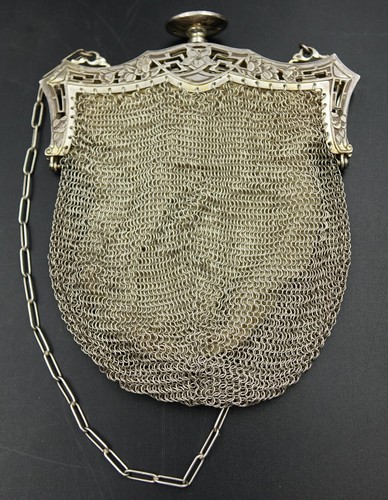 French Art Nouveau Chain Mail Evening Bag Sterling Silver & Pink Enamel, ca 1890 - Picture 16 of 18