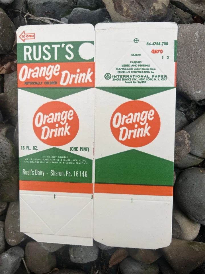 Cartón de jugo de naranja Rusts Dairy sin usar Sharon PA pinta rara Foto 4 de 4