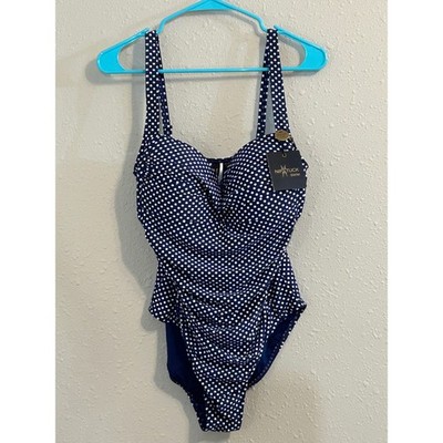 Nip Tuck Preppy Pinup Girl Swim Navy Polka Dot One Piece Swimsuit Tummy Control