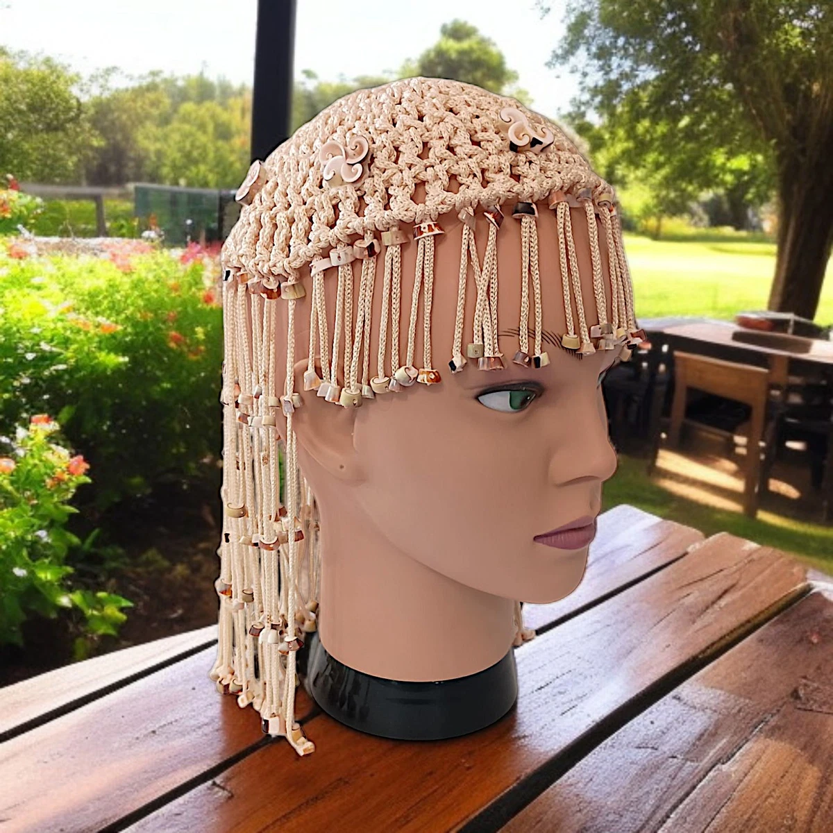 Vtg 70s Macrame Crown Headpiece Cowrie Shell Flapper Seashell Bohemian Cleopatra Regal Reverie: Handmade Cleopatra-Inspired Cowrie Shells  main image 4