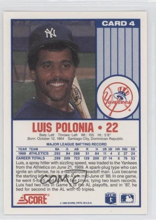 1989 Score NatWest Banks New York Yankees Luis Polonia #4 - Image 2 of 2
