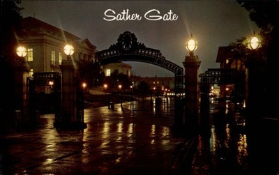 Sather Gate at night University of California Berkeley ~ 1970s vintage postcard