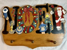 Wood Christmas Sign NOEL Wall Decor Hook Hanger Hand Painted Santa Claus Holiday