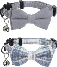 2 PCS Cat Collar with Bow Breakaway Bowtie Safety light blue, blue plaid 