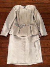 Albert Nipon Silver Skirt Suit Set Wool Silk Blend Lined Jacket Long Sleeve 8