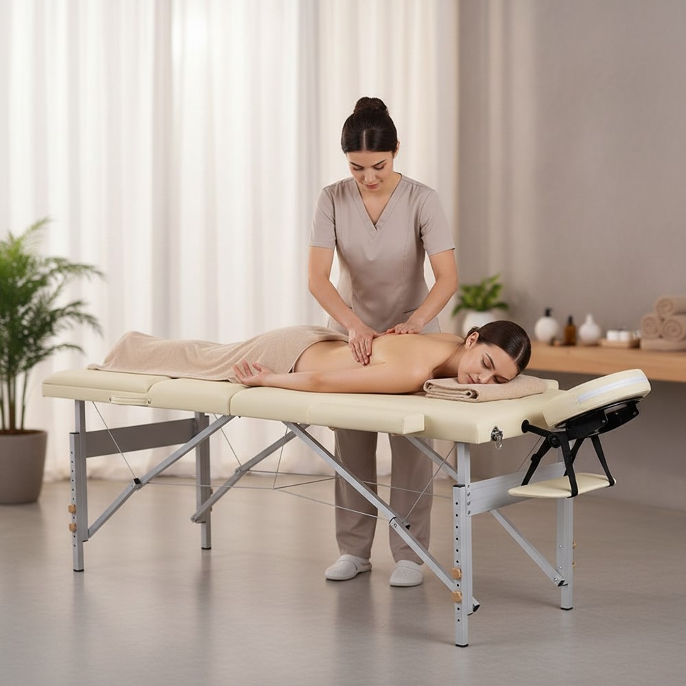 Massageliege Massagebank Mobile Aluminium Verstellbar 3 Zonen 12,5 KG Beige