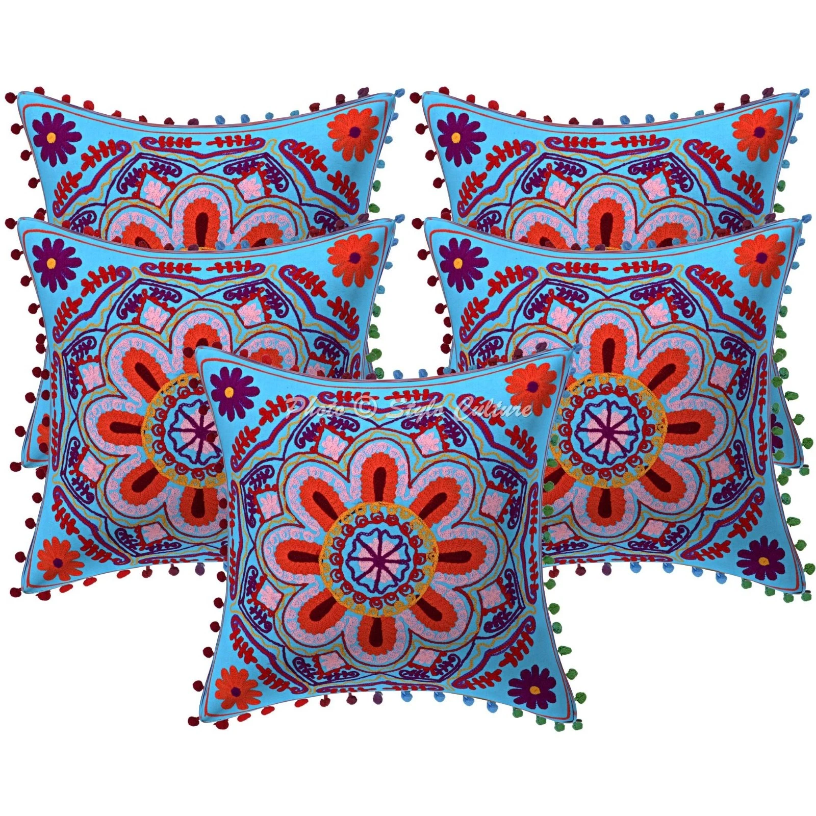 Boho Suzani Embroidered Pom Pom Throw Pillow Covers Cotton Floral 40x40 cm