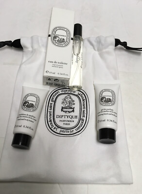 Diptyque EDT 0.34 fl oz+cleansing Body & Hand Gel+Hand & body lotion NIB w Pouch