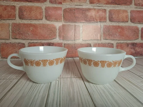 Vintage Pyrex Milk Glass Butterfly Gold Coffee / Tea Cup Mug Set Of 2