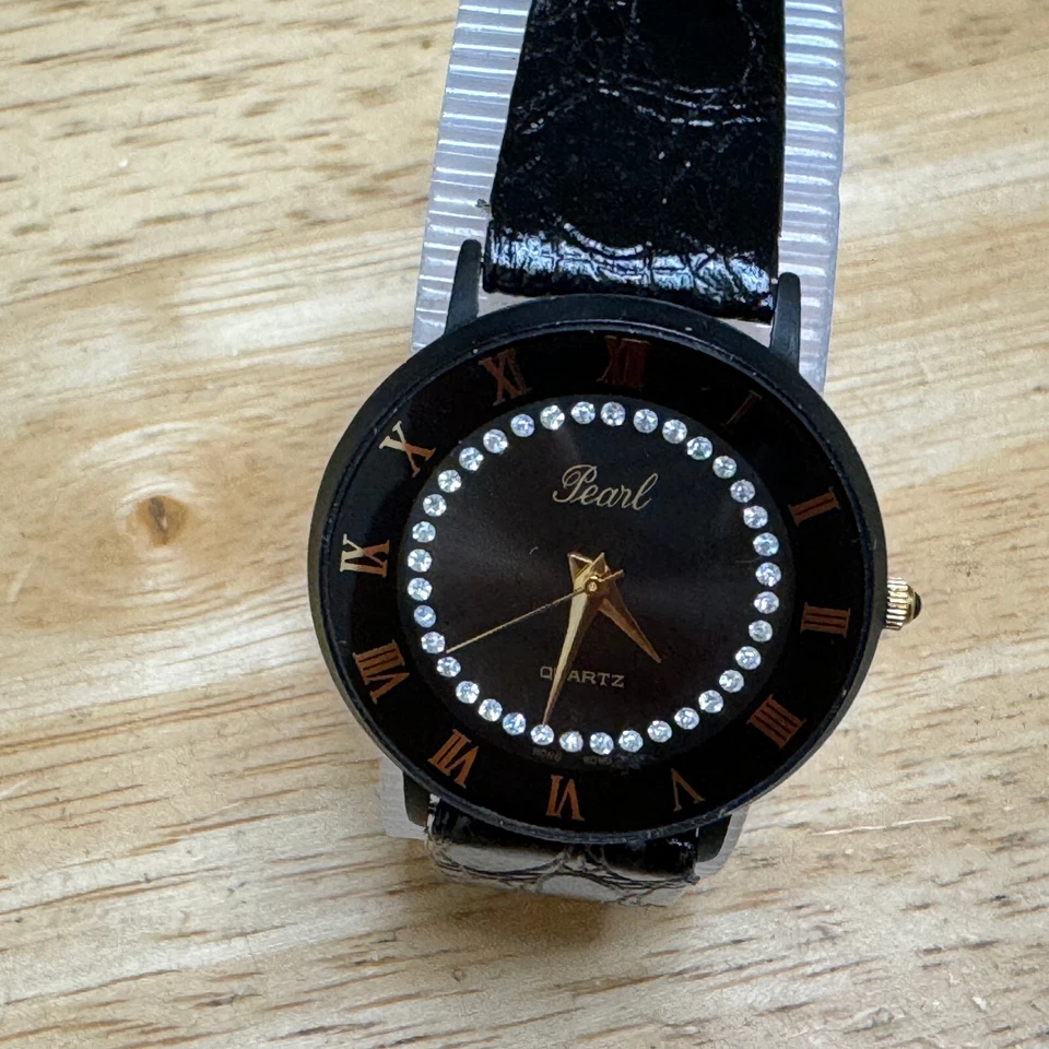 Vintage Pearl Quartz Watch Unisex Black Faux Diamonds Leather Analog New Battery - Image 2 of 4