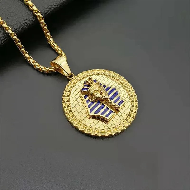 Gold King Tut Pendant Necklace – Blue Enamel Egyptian Medallion