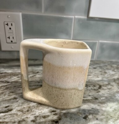 #ad #ad Glazed Coffee Mug Signed Priscilla White Tan and Beige Flat On One Side $17.00