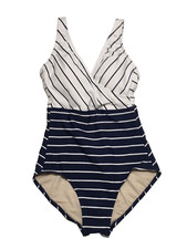 Kona Sol Size S 6-8 Blue Striped V-Neck Full Coverage One Piece Swimsuit