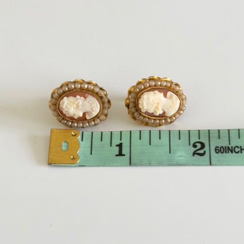 Vintage Gelbgold gefüllte Muschel Kamee Samen Perle Schraube Rückseite Ohrringe - Bild 7 von 8