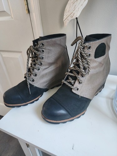 Sorel Women's PDX Boot Size 10.5 Wedge LaceUp Bootie Black Leather Tan Canvas - Picture 3 of 7