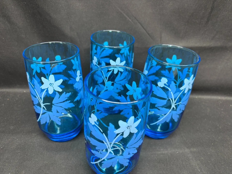 Set of 4 ~ Libbey "BLUE MEADOWS" Floral ~ Glass Tumblers ~ 5" Tall - Image 3 of 4