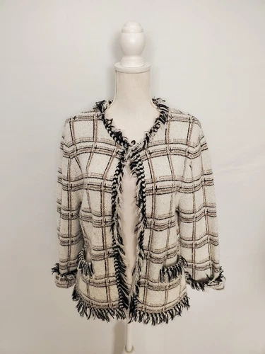 OFF WHITE Giacca tweed Cyrus Off bianco nero e oro a quadri bordo frange donna grande