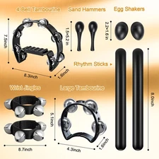 10 Pcs Black Tambourines for Adults - Half Moon Tambourine, Wood Rhythm Sticks