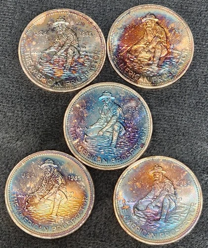 Lot of Five 1985 Engelhard 1oz Silver American Prospector Rounds w/ Toning