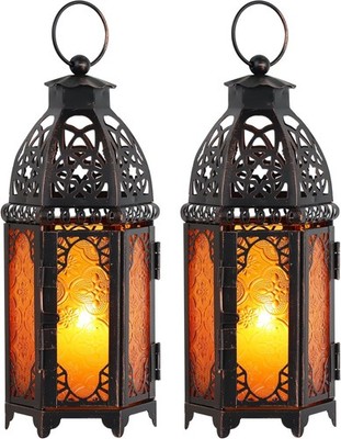 Set of 2 Moroccan Lanterns for Indoor Outdoor Use Vintage Metal