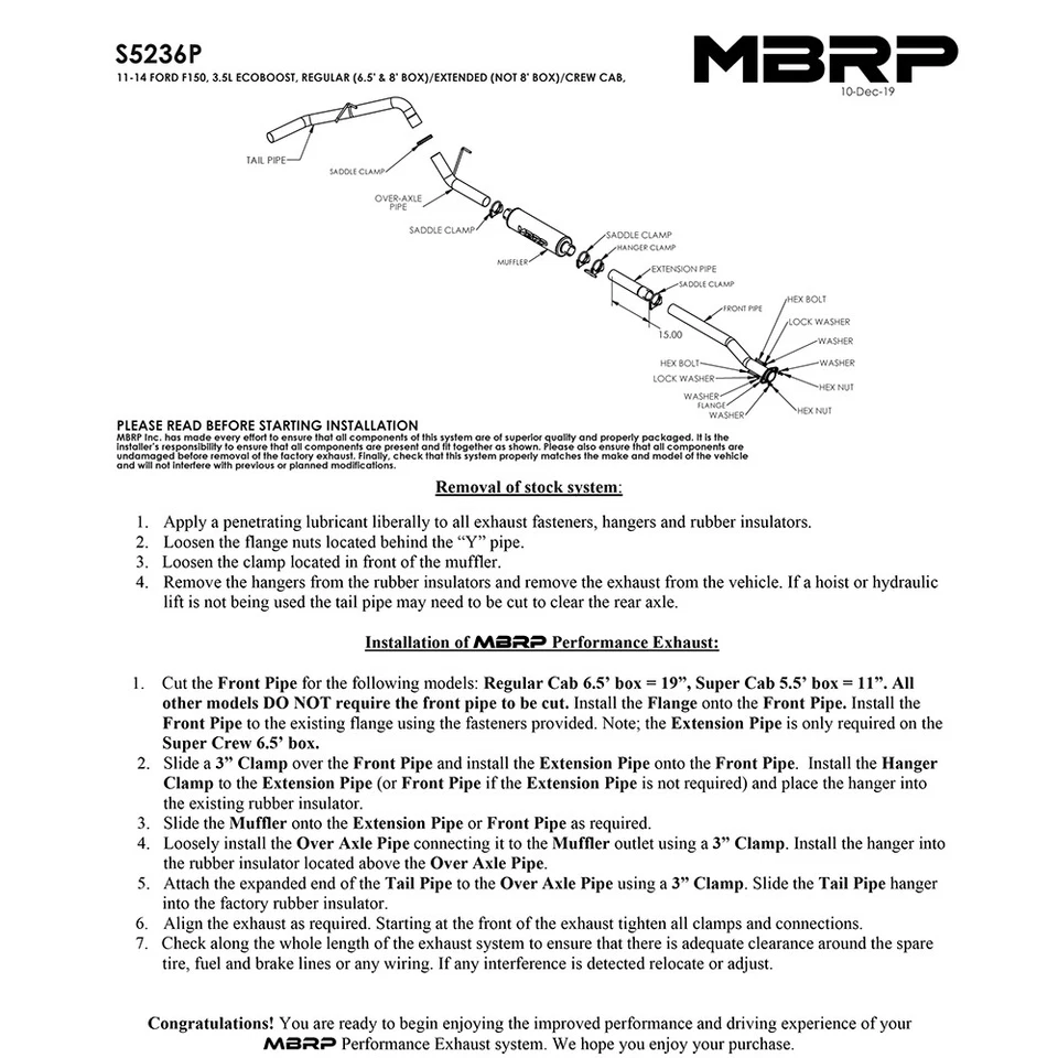 Escape trasero MBRP S5236P acero gato para Ford F-150 2011-2014 3,5 L EcoBoost V6 Foto 2 de 3
