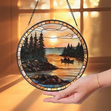 Canoe Lake Sunset Stained Glass Suncatcher, Romantic Nature Window Hanging