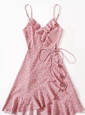 SHEIN Women’s Pink White Heart Print Faux Wrap Ruffle Cami Dress XS EUC